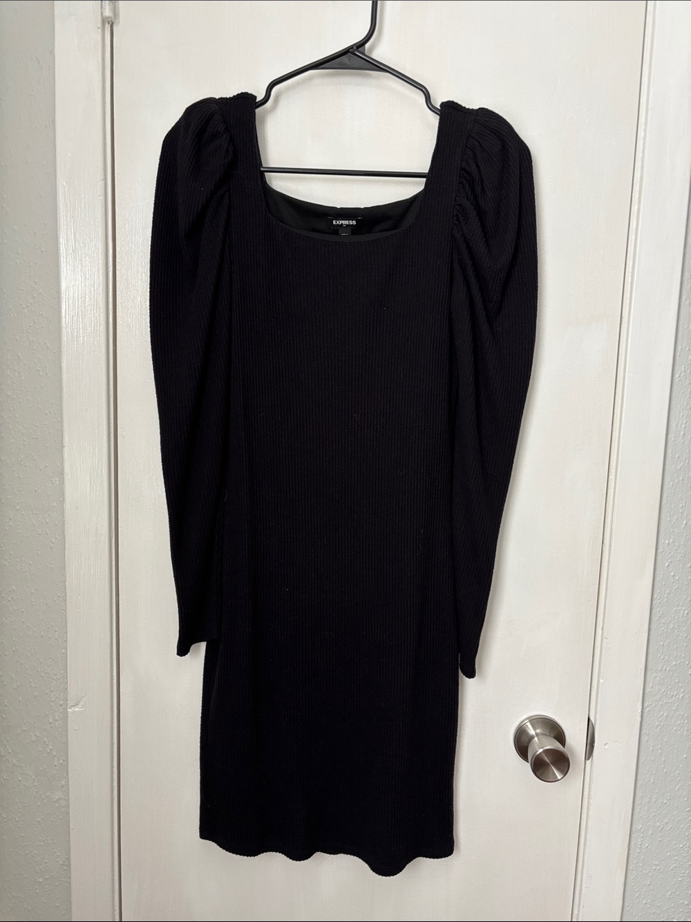 Express Black Ribbed Long-Sleeve Puff-Shoulder Dress